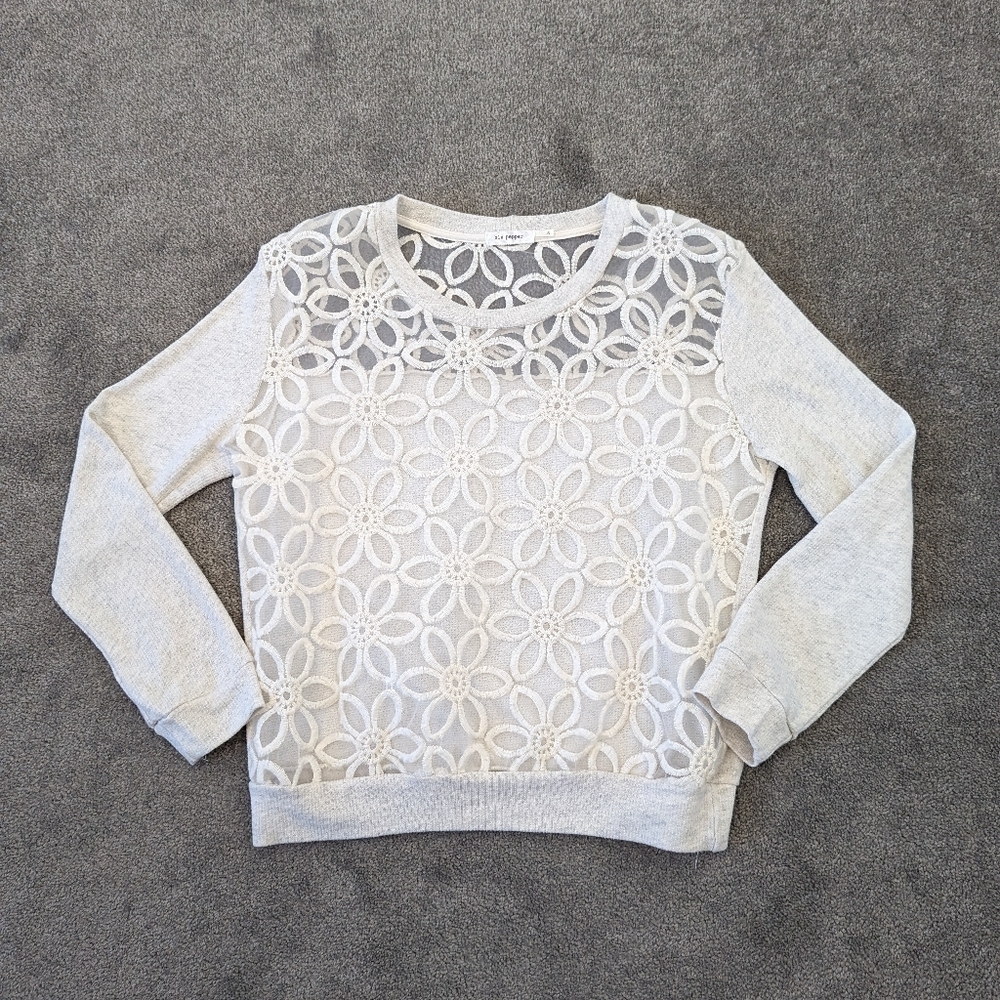 Blu Pepper Small Floral Lace Overlay Pullover in Heather Cream - Made in USA